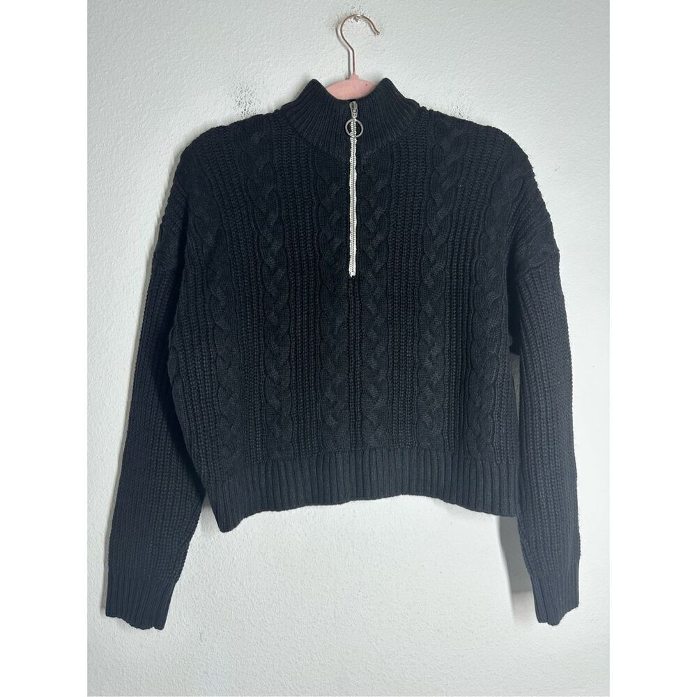 Forever 21 Women’s Black Cable Knit Crop 1/3 Zip Mock Neck Sweater Size M